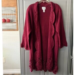 Lacy After Noon by Shell Kepler Vintage Burgundy Knit Crochet Sweater‎ Duster, S